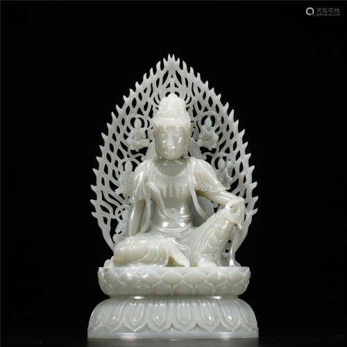 White jade hollow-out carving GUAN YIN statue