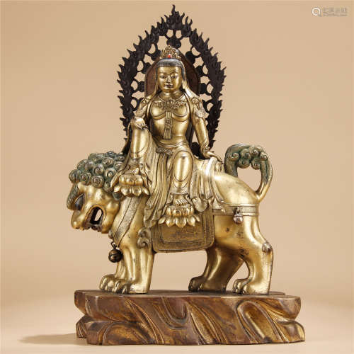 Ming Dynasty, Bronze gilt lion GUAN YIN statue