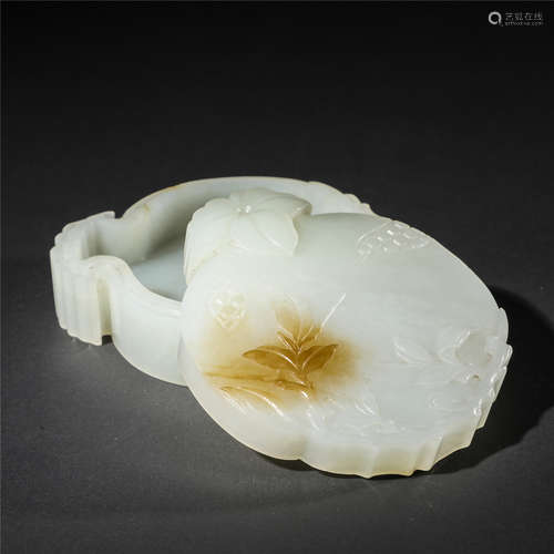 Qing Dynasty, white jade carving cover box with mahogany stand