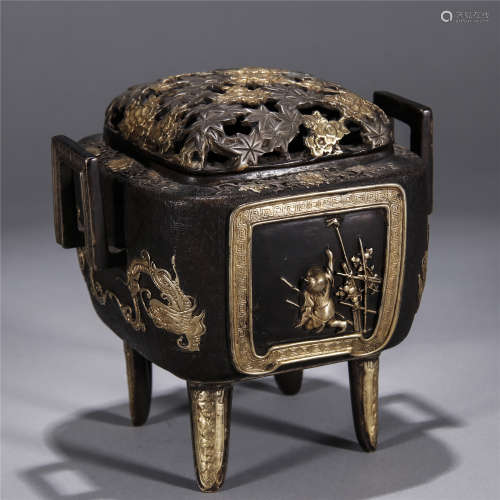 Qing Dynasty, Partly gilt copper flower and bird censer
