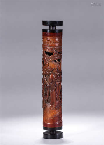 YI XI mark bamboo hollow-out carving fu lu shou incense burner