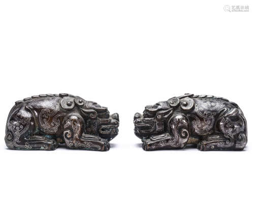 The Warring States Han Dynasty, bronze and silver statue of auspicious animals
