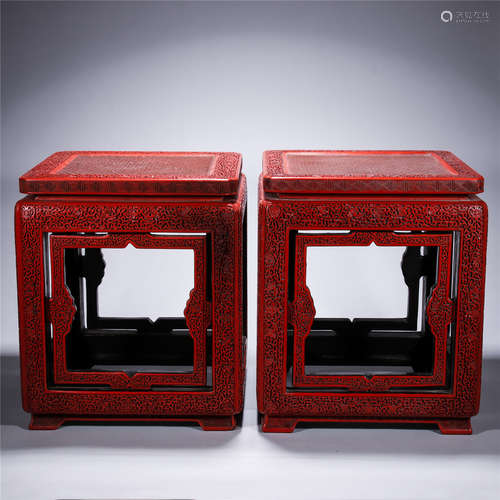 Qing Dynasty, QIAN LONG, A pair of lacquered carving square chairs