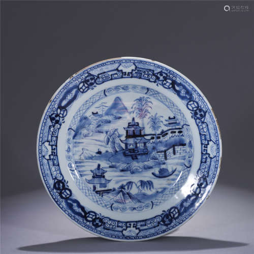 Qing Dynasty, blue and white lanscape and figure pattern porcelain plate