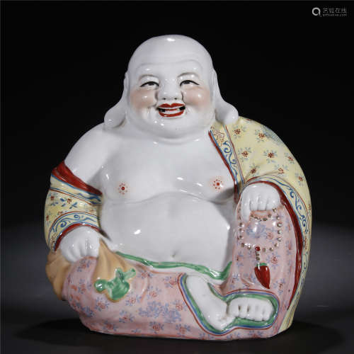 Famille rose porcelain statue of seated Maitreya