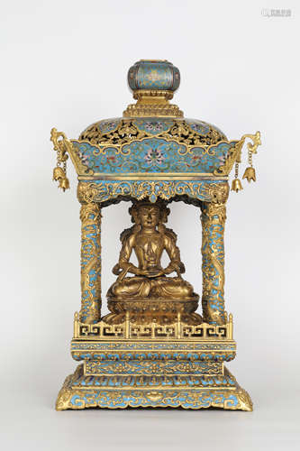 18th Century Cloisonne Buddha Shrine + Ming Bronze Gilded Buddha