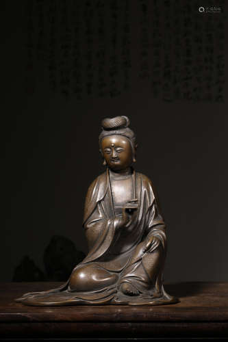 BRONZE CAST AND SILVER INLAID 'GUANYIN' SEATED FIGURE