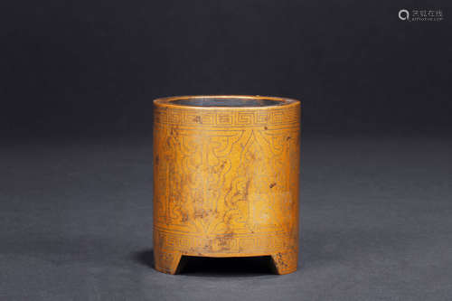 A BRONZE SILVER-INLAID TRIPOD BRUSH POT