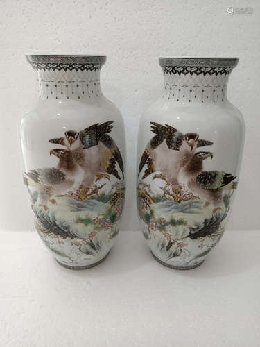 PAIR OF FAMILLE ROSE EAGLES ON LANDSCAPE SCENERY AND POETRY VASE