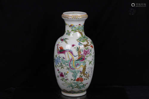 FAMILLE ROSE 'FLOWERS AND BIRDS' ROLEAU VASE