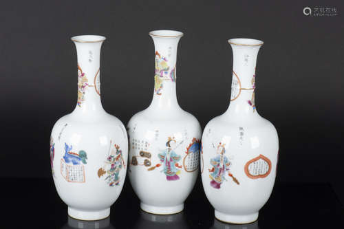 SET OF THREE FAMILLE ROSE 'WARRIORS' VASES