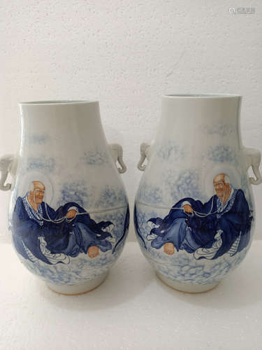 PAIR OF BLUE & WHITE BUDDHA ON CLOUDS VASE