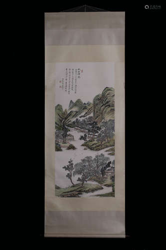 WU HUFAN: INK AND COLOR ON PAPER PAINTING 'LANDSCAPE SCENERY'