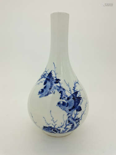 BLUE & WHITE BIRDS ON DEADWOOD BRANCHES WITH POETRY VASE