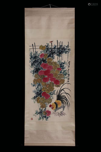 QI BAISHI: INK AND COLOR ON PAPER PAINTING 'FLOWERS AND ROOSTER'