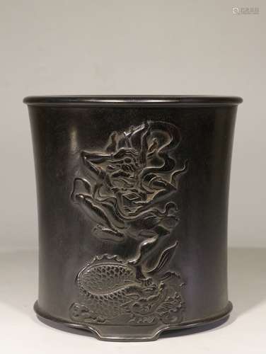 ZITAN WOOD CARVED 'ZHONG KUI' BRUSH POT