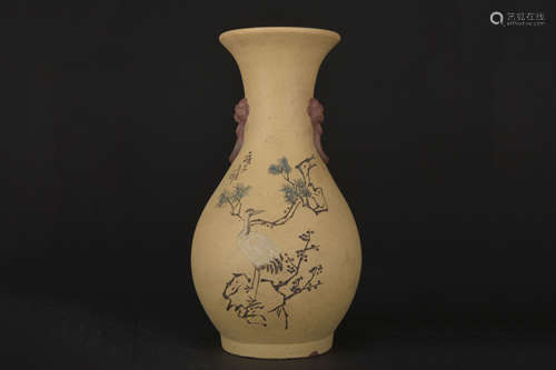 YIXING ZISHA STONEWARE VASE WITH HANDLES BY YANG FUZHEN