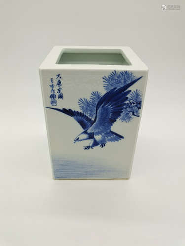 BLUE & WHITE EAGLE AND LANDSCAPE SQUARE BRUSHPOT