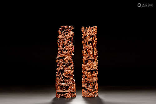 PAIR OF OPENWORK HUANGYANGMU WOOD CARVINGS