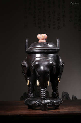 ZITAN WOOD CARVED 'ELEPHANT' TRIPOD CENSER WITH LID