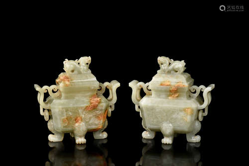 PAIR OF JADE CARVED 'MYTHICAL BEAST' CENSERS WITH LIDS