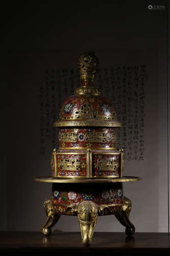 CLOISONNE ENAMELED AND GILT TRIPOD TIERED CENSER WITH LID