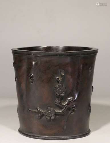 ZITAN WOOD CARVED 'PLUM FLOWERS' BRUSH POT