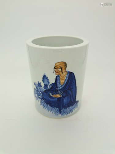 BLUE & WHITE BUDDHA AND POETRY BRUSHPOT