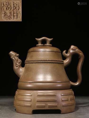 YIXING ZISHA EXPANDED TEAPOT WITH BEAST SPOUT AND HANDLE