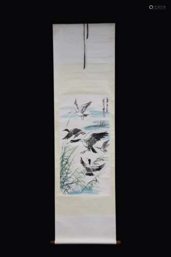 HUANG ZHOU: INK AND COLOR ON PAPER PAINTING 'FLYING GEESE'