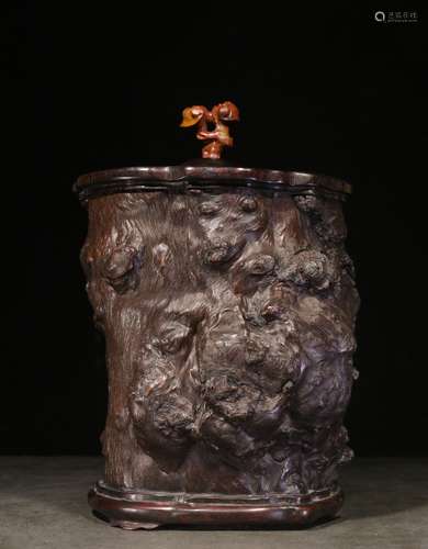 YING WOOD CARVED NATURALISTIC GNARLED TEA JAR WITH LID