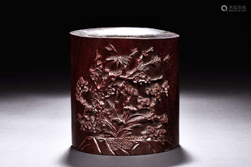 ZITAN WOOD CARVED 'WINTER PLANTS' BRUSH POT