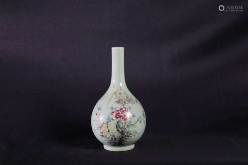 FAMILLE ROSE GREEN GROUND 'FLOWERS AND BIRDS' VASE