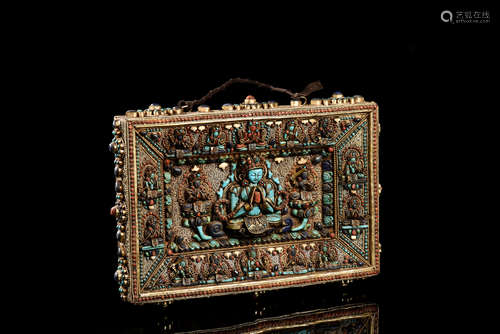 TIBETAN GILT BRONZE AND DECORATED BODHISATTVA PLAQUE