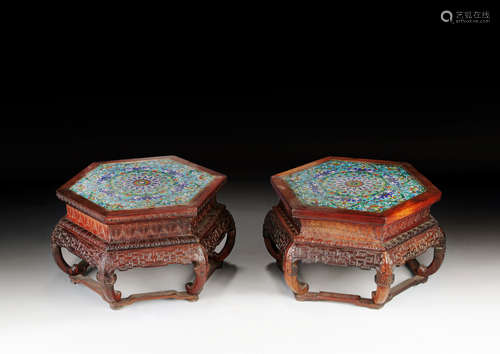 A PAIR OF LARGE CHINESE WOOD STANDS WITH CLOISONNE TOP