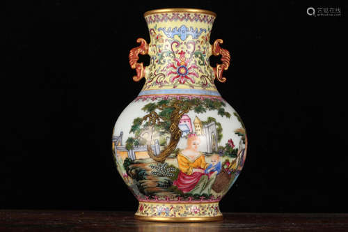 FAMILLE ROSE 'WESTERNERS' VASE WITH HANDLES