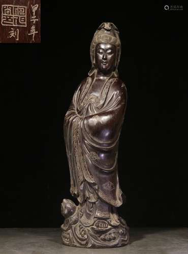 ZITAN WOOD CARVED AND SILVER INLAID 'GUANYIN' STANDING FIGURE