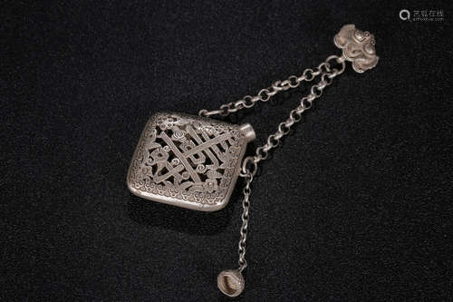 SILVER CAST AND FILIGREE 'SHOU' INCENSE POUCH