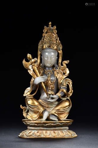 JADE CARVED AND GILT GUANYIN