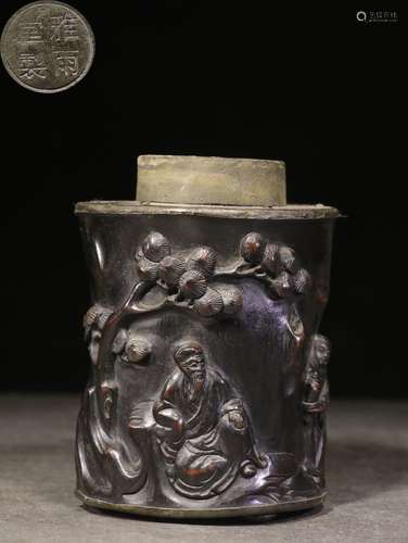 ZITAN WOOD CARVED AND SILVER ENCLOSED 'PEOPLE' TEA HOLDER