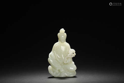 WHITE JADE CARVED SEATED GUANYIN FIGURE