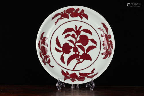 UNDERGLAZED RED 'FLOWERS' DISH