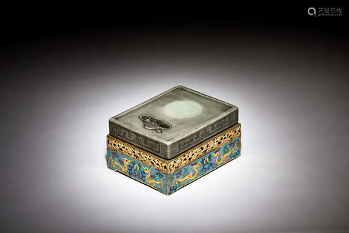 CARVED INKSTONE AND CLOISONNE ENAMELED BOX