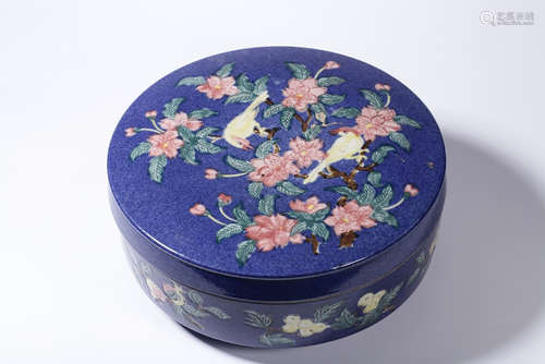 FAMILLE ROSE BLUE GROUND 'FLOWERS AND BIRDS' ROUND BOX WITH COVER