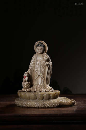 SHOUSHAN SOAPSTONE CARVED AND ORNATE 'GUANYIN' FIGURE