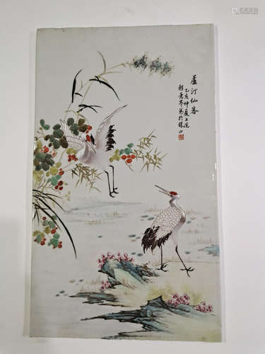 FAMILLE ROSE CRANES ON LANDSCAPE SCENERY PLAQUE