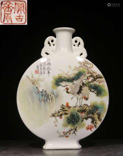 FAMILLE ROSE 'CRANES AND PINE TREES' MOON FLASK