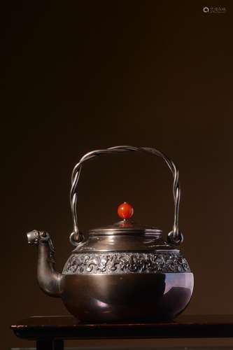 SHOWA PERIOD JAPANESE CAST SILVER TEAPOT WITH LIFTING HANDLE