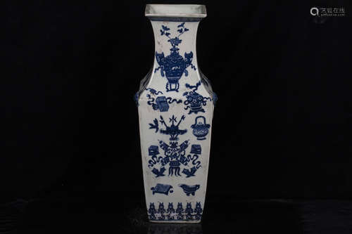 BLUE AND WHITE 'EIGHT TREASURES' RECTANGULAR VASE