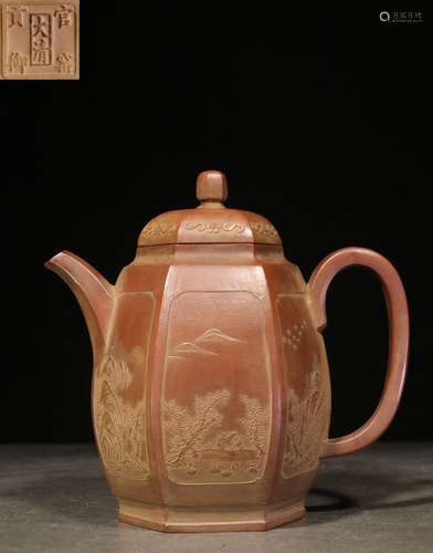 YIXING ZISHA ROUNDED HEXAGONAL OPEN MEDALLION 'LANDSCAPE SCENERY' TEAPOT